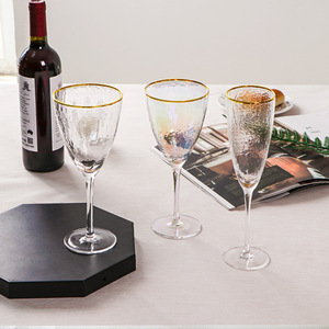 创意金边红酒杯气泡鸡尾酒锤纹香槟杯欧式水晶玻璃高脚杯酒具
