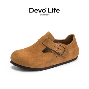 Devo/的沃软木鞋女休闲学生皮鞋全包真皮复古文艺时尚一脚蹬单鞋