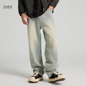 XAKA春季美式复古牛仔裤男潮牌宽松高街直筒长裤子水洗做旧休闲裤