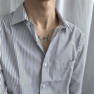 新款韩版修身条纹长袖衬衫男商务休闲复古方领宽松大码男士衬衣潮