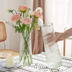 浮雕ins玻璃花瓶大号透明水养富贵竹客厅家用插花摆件