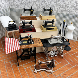 缝纫机仿真模型迷你复古缝纫机机器人台针线盒1:12娃娃屋场景摆件