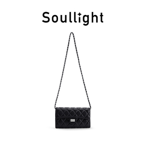 Soullight牛皮斜挎包女新款轻便黑色菱格链条单肩包小型通勤包包