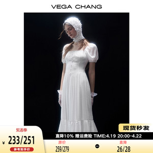 VEGA CHANG法式连衣裙女2024年夏季新款方领小众气质泡泡袖长裙子