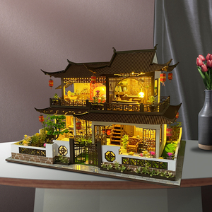 美代中国风DIY小屋西溪花间手工拼装建筑模型木质玩具大型别墅女