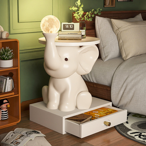 大象儿童床头柜带灯可爱奶油风小户型卡通卧室床边储物柜置物架