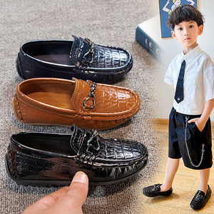 儿童男童豆豆鞋一脚蹬夏季透气英伦鞋男孩宝宝黑色皮鞋演出鞋