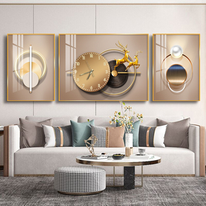 简约客厅三联现代北欧风麋鹿壁画 背景墙装饰画 沙发后挂画含钟表