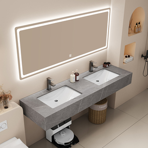 公共厕所岩板一体盆双人智能浴室柜可定制卫生间双盆洗漱台洗手盆