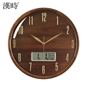 新中式圆形挂钟家用装饰万年历表实木挂墙客厅创意静音石英挂钟表