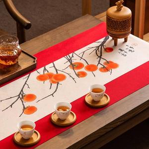 2024新年柿柿如意中国风防水桌旗 长条茶席桌垫 茶台布艺装饰
