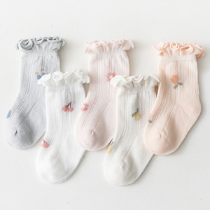 夏季纯棉无骨婴儿袜子 女童透气网眼短袜 木耳边设计 中筒舒适