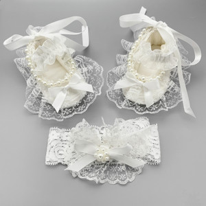 夏季新款珍珠蕾丝公主鞋 0-12个月女宝软底手工布鞋 婴儿透气鞋