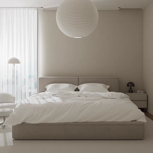 现代简约奶油风科技布艺床 法式落地豆腐块双人床 小户型储物床