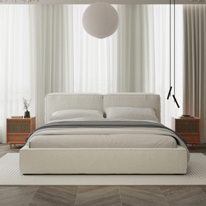 奶油风白色棉麻布艺床 侘寂风实木榉木床 现代简约豆腐块科技布床