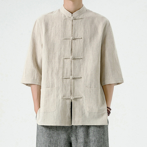 中国风男士唐装亚麻衬衫 夏季复古立领七分袖棉麻上衣