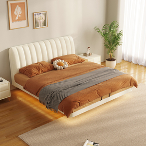 奶油风悬浮床 1.8米双人现代简约布艺悬空床 感应灯小户型婚床