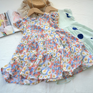 女童夏季可爱公主风 人造棉绸花边飞袖蛋糕裙 太阳裙连衣裙