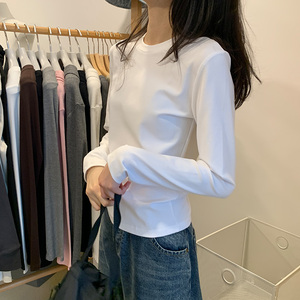 美式复古灰色正肩长袖T恤女秋季新款欧货修身加绒打底衫