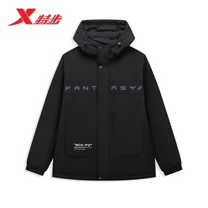 2024新款特步男款连帽冲锋衣棉服外套保暖薄棉衣