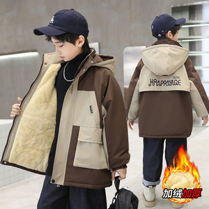 男童秋冬加绒加厚冲锋衣派克服中大童冬季帅气棉服外套童装