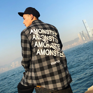 AMONSTER SSUR扭曲字母情侣款连帽格子衬衫 男款休闲潮流衬衣