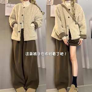 2024新款棕咖色雪尼尔高腰阔腿裤女秋冬加绒休闲直筒裤