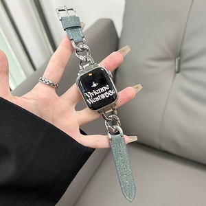 苹果手表S10/iWatch9适用 牛仔金属链条表带 AppleWatch8 女款 休闲透气