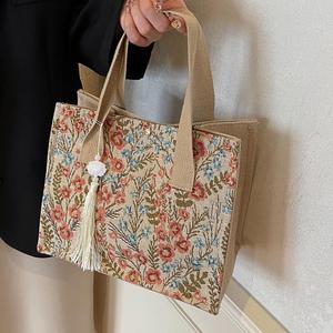 2025新款女式麻布手提碎花托特包 流行ins风上课通勤百搭包包
