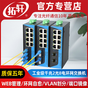 拓轩工业级管理型千兆环网交换机 2光4电8电16电选择 网管POE光纤交换机 24V导轨式监控网络收发器 支持VLAN端口镜像