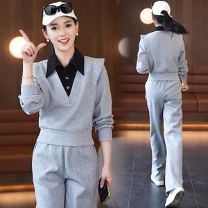 2025春秋新款Polo领假两件拼接卫衣女阔腿裤休闲运动跑步两件套