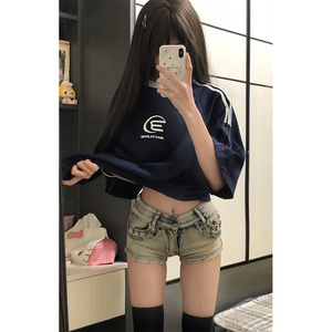 美式复古辣妹风夏季性感低腰牛仔短裤女高街设计感包臀超短热裤