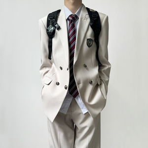 木村叔日系校供感米白色西装制服男青少年春秋季双排扣西服套装DK款