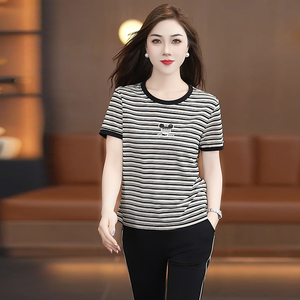 2025新款冰丝条纹运动套装女夏款圆领短袖长裤休闲两件套