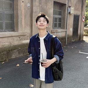 2025新款男生春秋季蓝色长袖牛仔衬衫 日常百搭纯色外套上衣