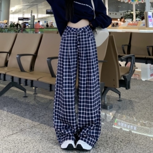 赵露思同款蓝色格子裤女春秋慵懒风直筒拖地休闲裤三妹哦哦3MER