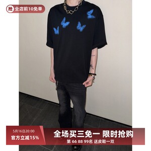 暗黑系蝴蝶印花短款短袖T恤 小众OS宽松欧美boxy索罗娜凉感面料