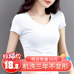 2024新款女修身纯棉白色短袖T恤 夏季薄款黑色半袖打底衫显瘦上衣