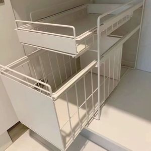 多功能厨房下水槽置物架 落地伸缩收纳架 橱柜抽拉式储物架子 收纳筐