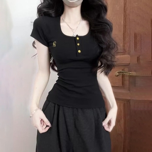 设计感小众正肩U领短袖T恤女夏美式辣妹短款修身纯棉上衣