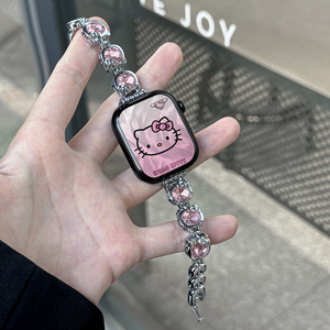 apple watch皓石Kitty猫镶钻金属表带 iWatch9/8/7/6/SE/S10/Ultra 可爱粉钻手链 女夏高级感小众表带