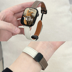 苹果手表iwatch秋冬美拉德荔枝纹撞色皮表带 S10折叠磁吸扣小蛮腰女款 适用S9/8/7/6/5/SE2代