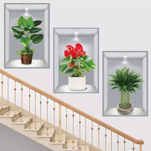 3D立体花卉墙壁装饰画 过道楼梯餐厅客厅三联画 自粘墙贴
