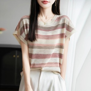 2025夏新款法式竹节麻渐变条纹短袖T恤女宽松小飞袖上衣显瘦