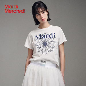 2023夏新款MardiMercredi小雏菊印花修身短袖T恤女正肩半袖上衣显瘦