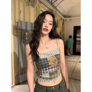 复古辣妹拼色格纹吊带背心 女小众网纱印花短款上衣