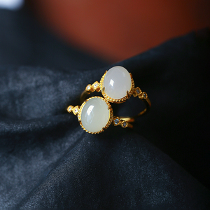 天然和田玉戒面纯银镶嵌女款简约戒指 时尚饰品