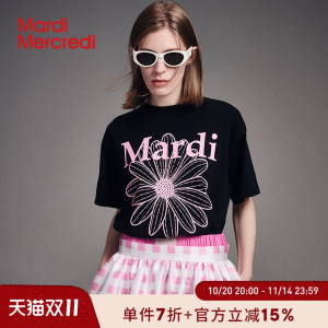 MardiMercredi韩系新款黑粉小雏菊圆领宽松短袖T恤女夏季