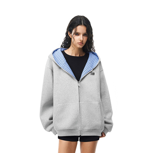 FDR官方店 秋季miu系R字格纹空气层连帽情侣卫衣开衫外套