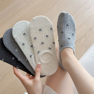 夏季薄款灰色蝴蝶结低帮隐形袜 透气防臭不掉跟女士船袜